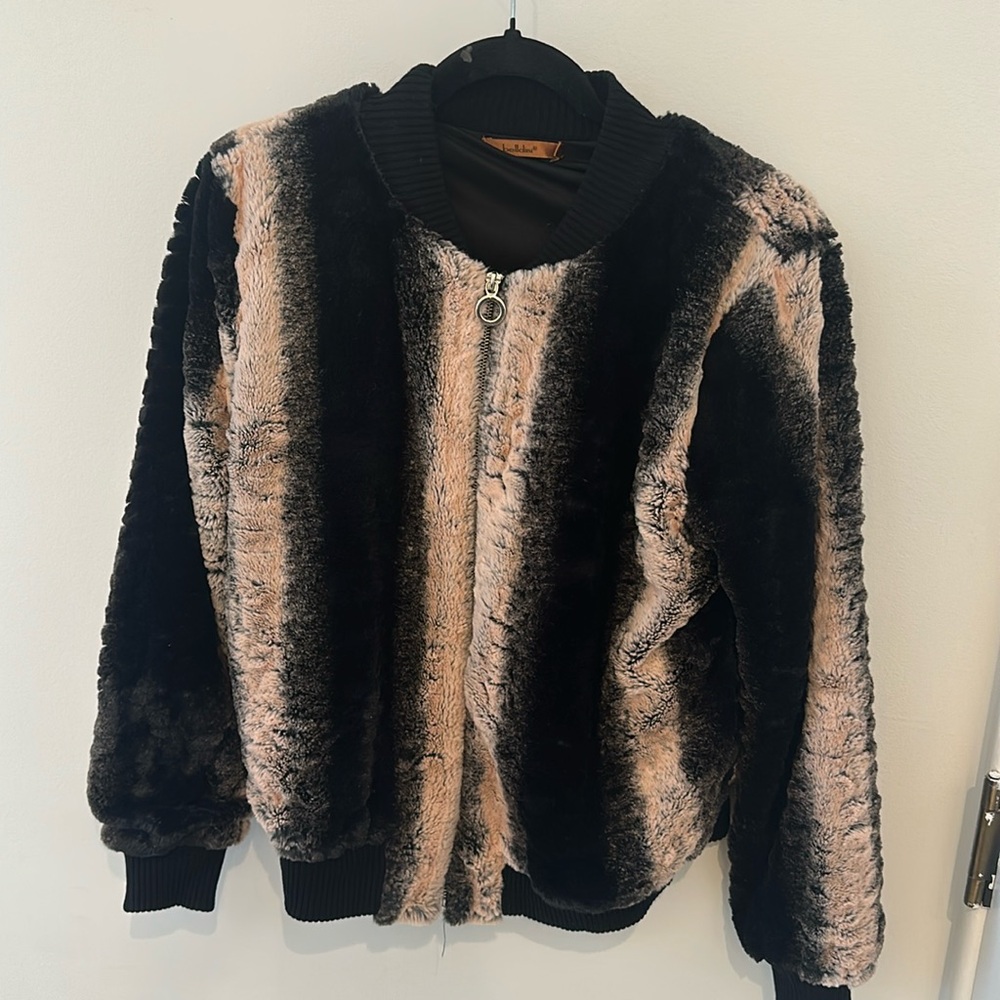 Belldini faux fur striped bomber jacket